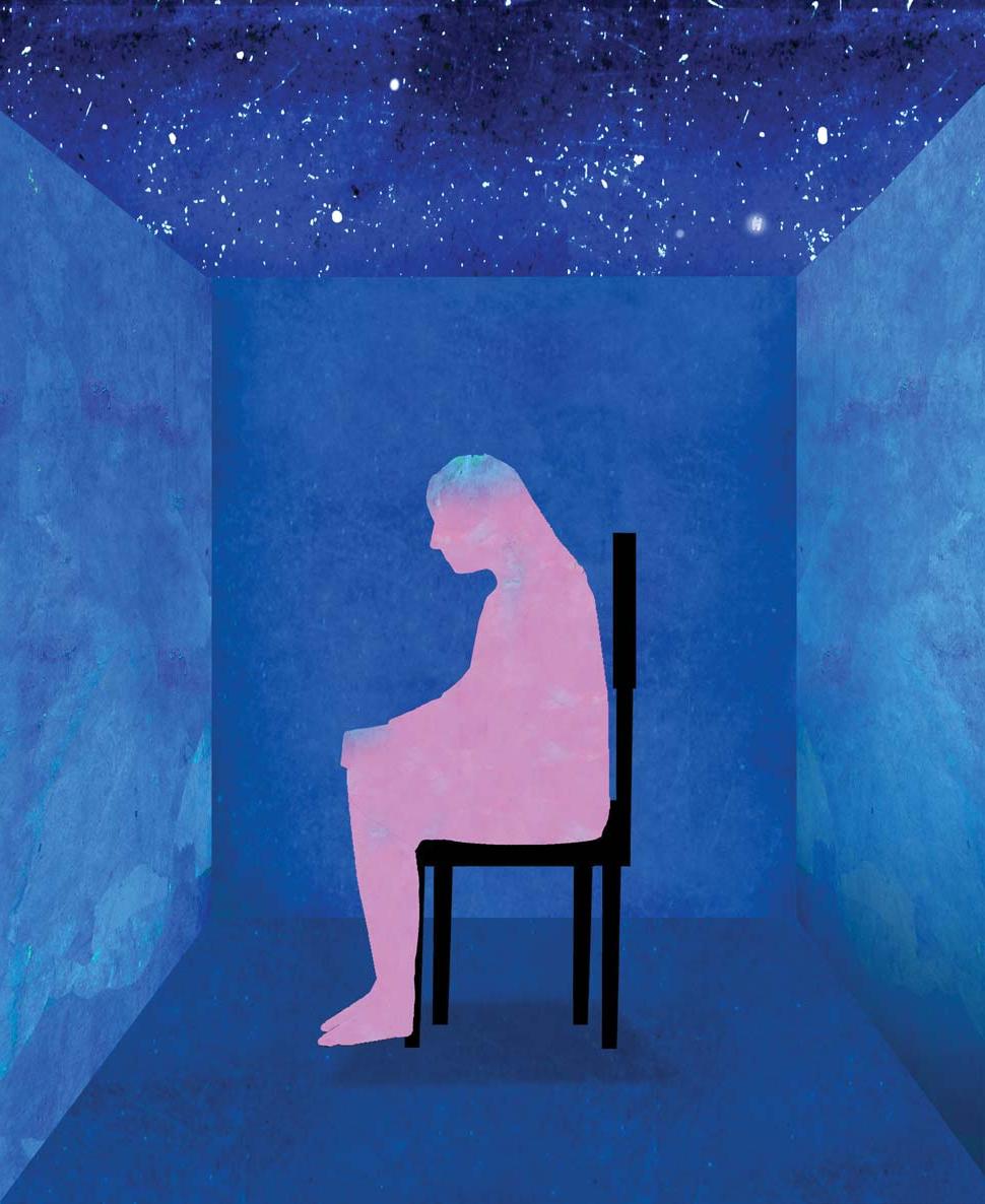 Seated figure alone in walled space with night sky above
